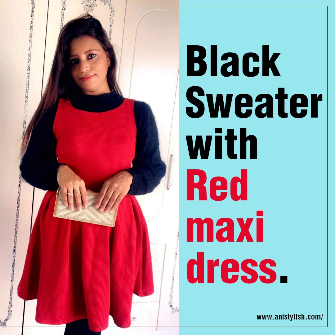 Black Sweater with Red maxi dress-How to style a Pullover Sweater Outfits