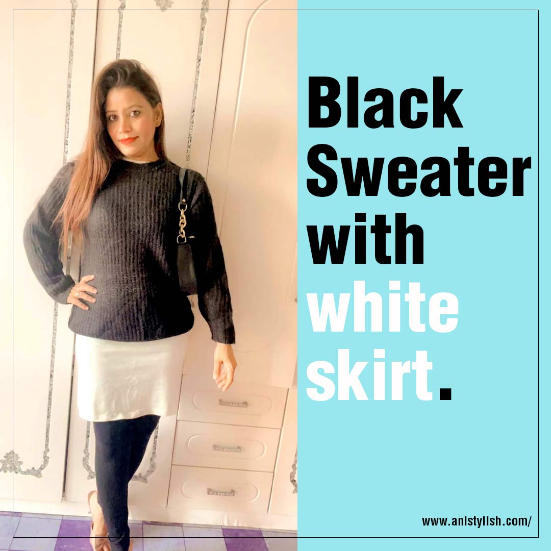 Black Sweater with white skirt-How to style a Pullover Sweater Outfits