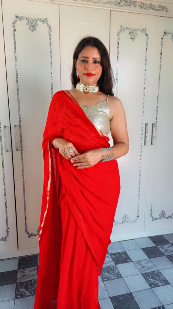 Red Georgette saree 1-Best Karwa chauth saree look with image