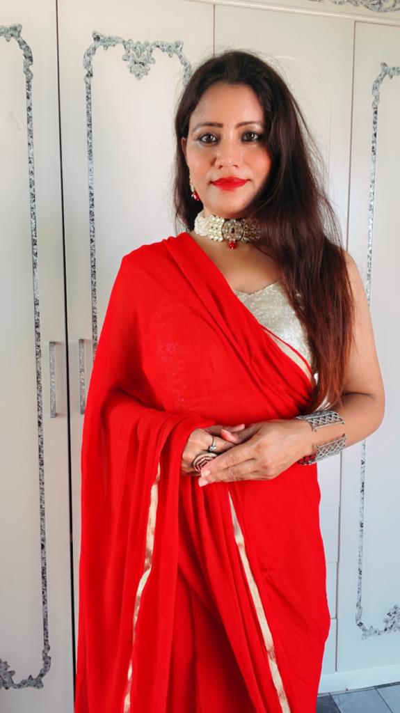 Red Georgette saree-Best Karwa chauth saree look with image